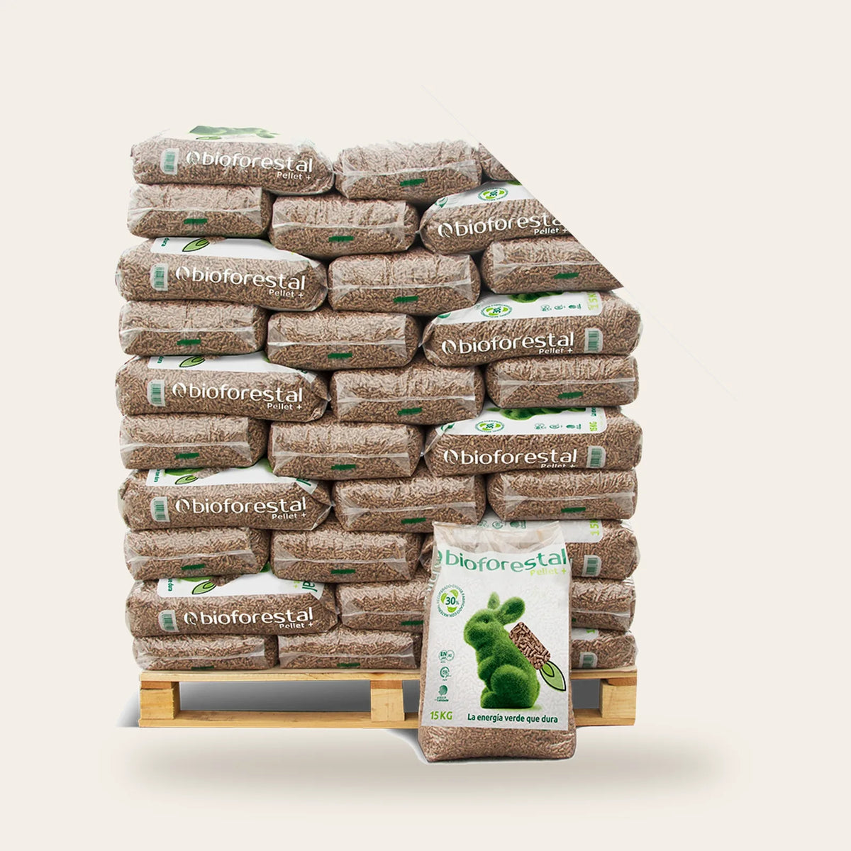 Pellet Bioforestal – Palet 70 sacos × 15 kg
