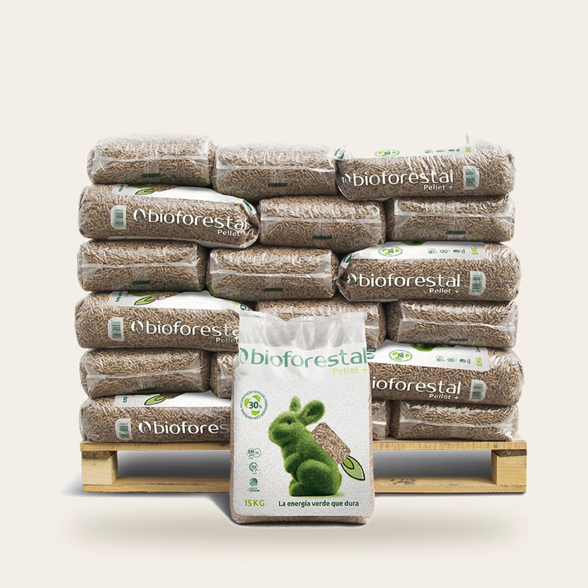 Pellet Bioforestal – Palet 42 sacos × 15 kg