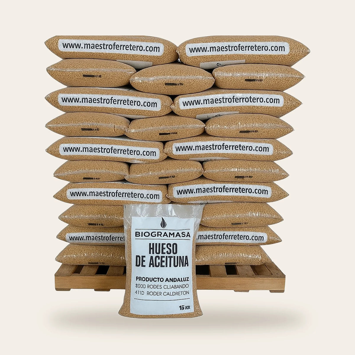 Hueso de aceituna – Palet 77 sacos × 15 kg